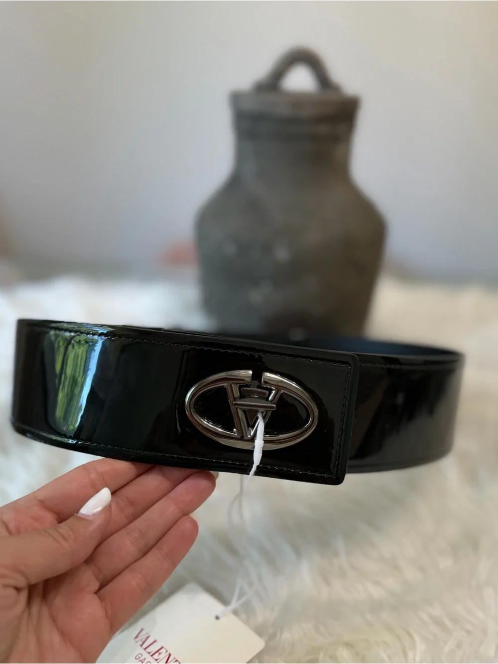 Valentino Garavani Black Patent Leather Wide Waist Belt with Silver Logo Buckle